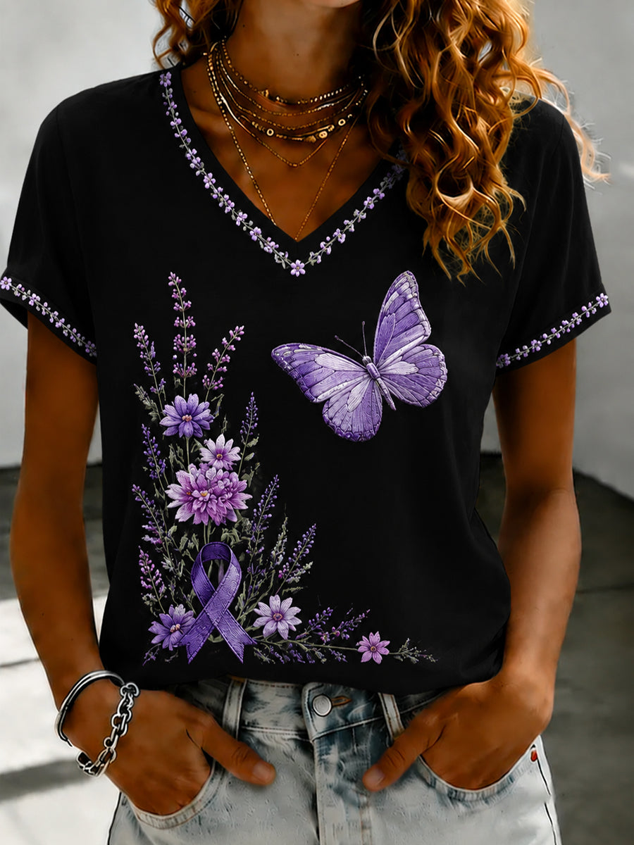 Women's Purple Flora Art Printed V-neck T-shirt