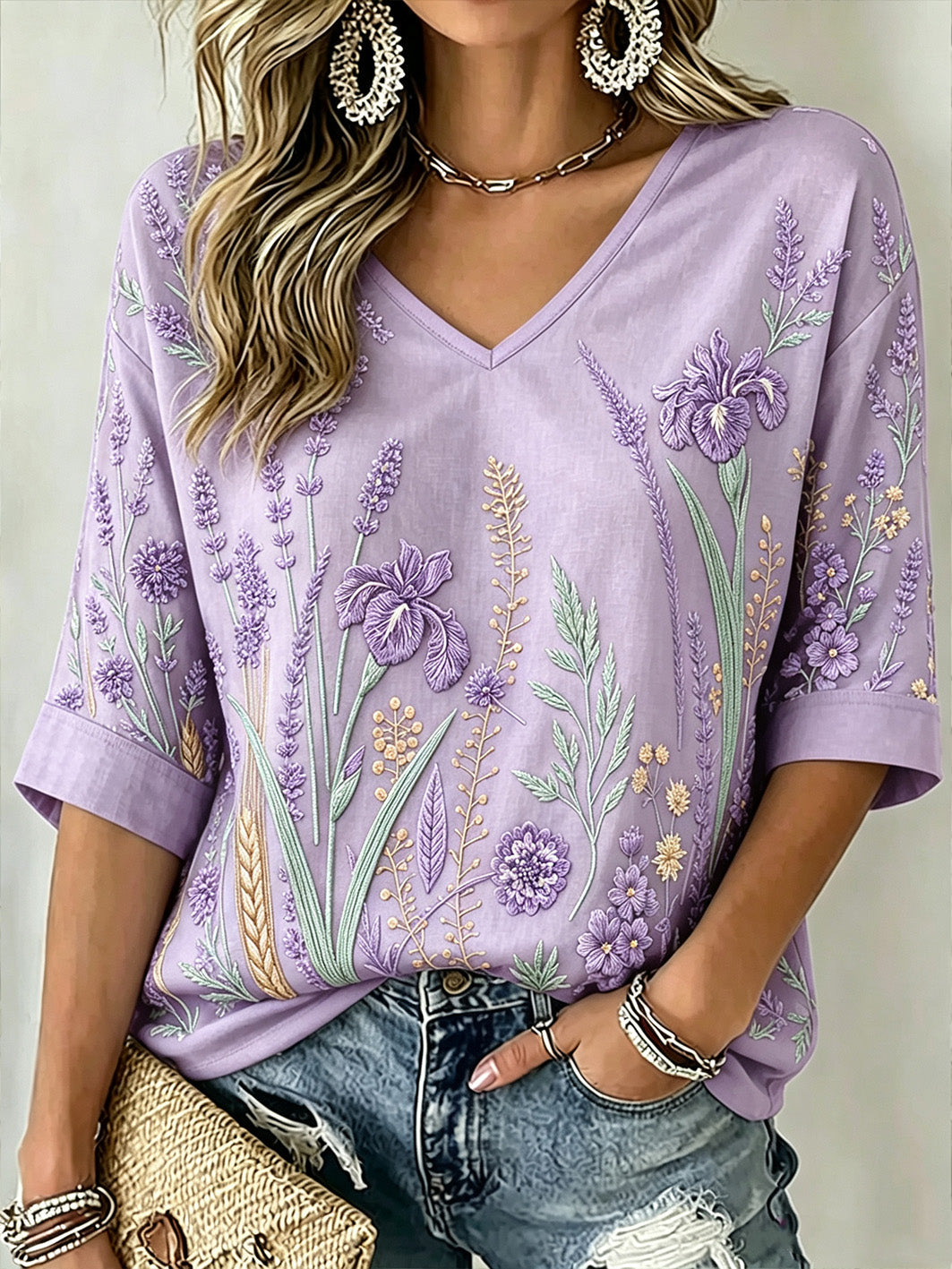 Women's Purple Plant Pattern Printed Mid-length Sleeves V-Neck T-Shirt