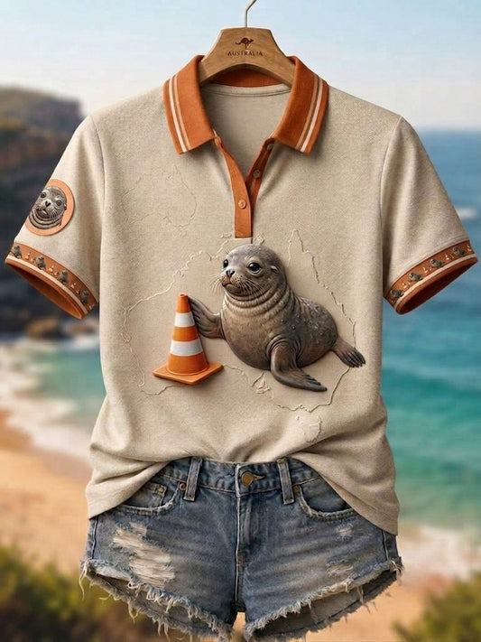 Women's Funny Neil The Seal Printed Polo Shirt