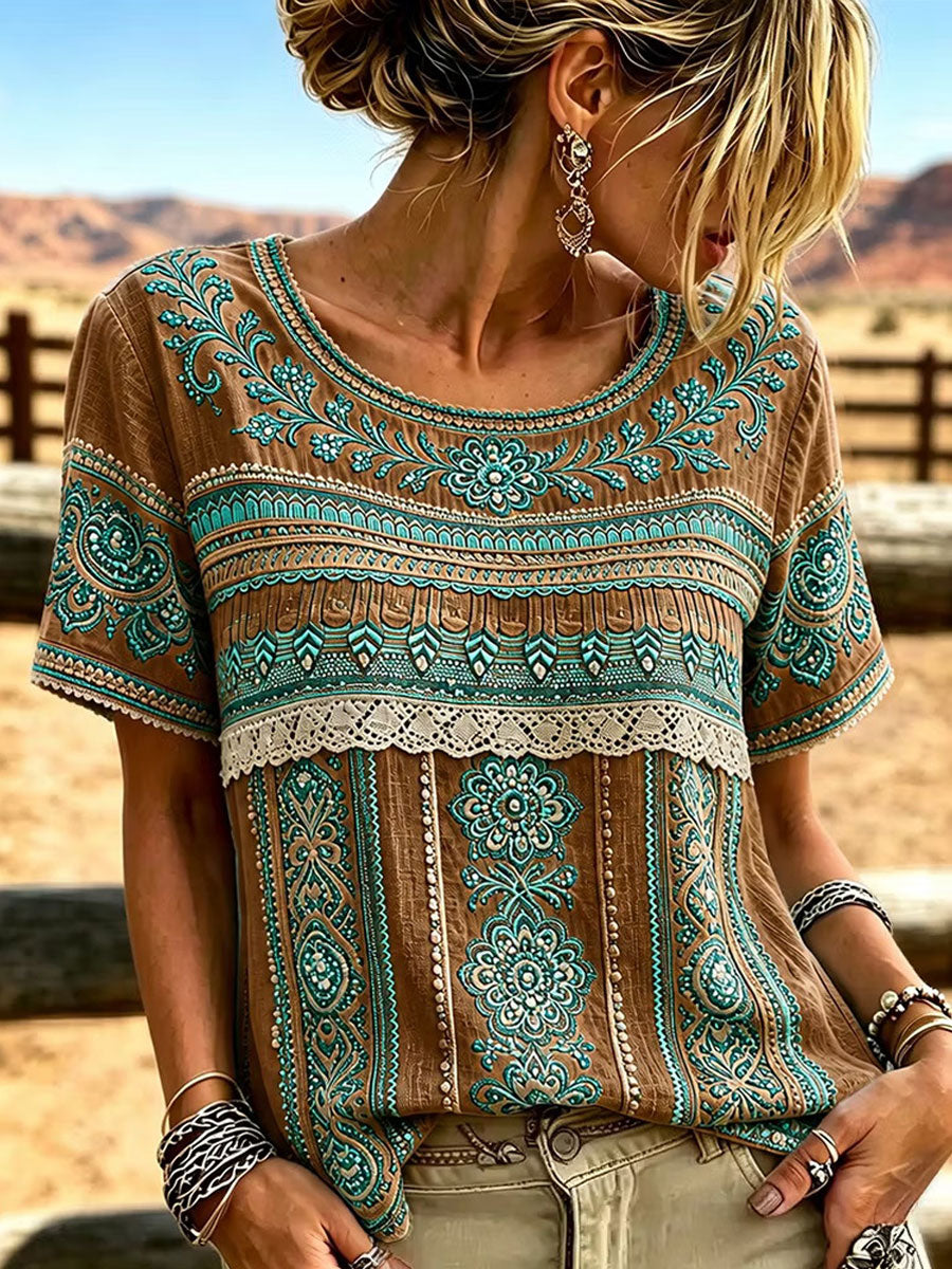 Women's Western Floral Cotton Linen Shirt