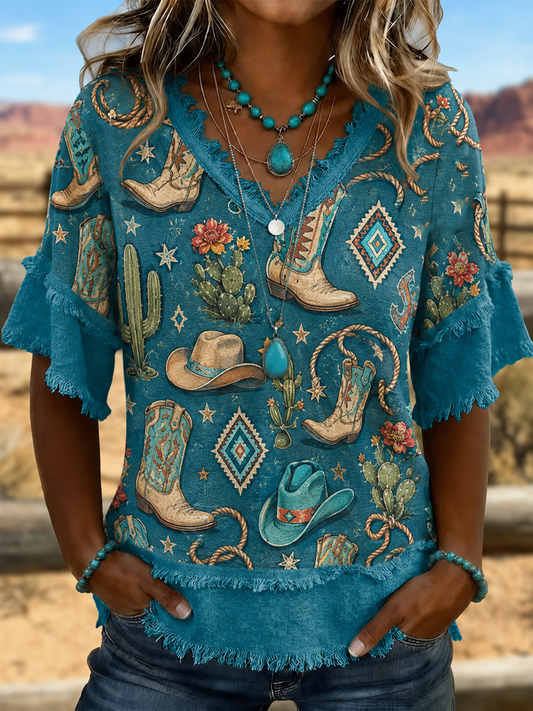 Women's Western-style print Cotton-Linen Shirt