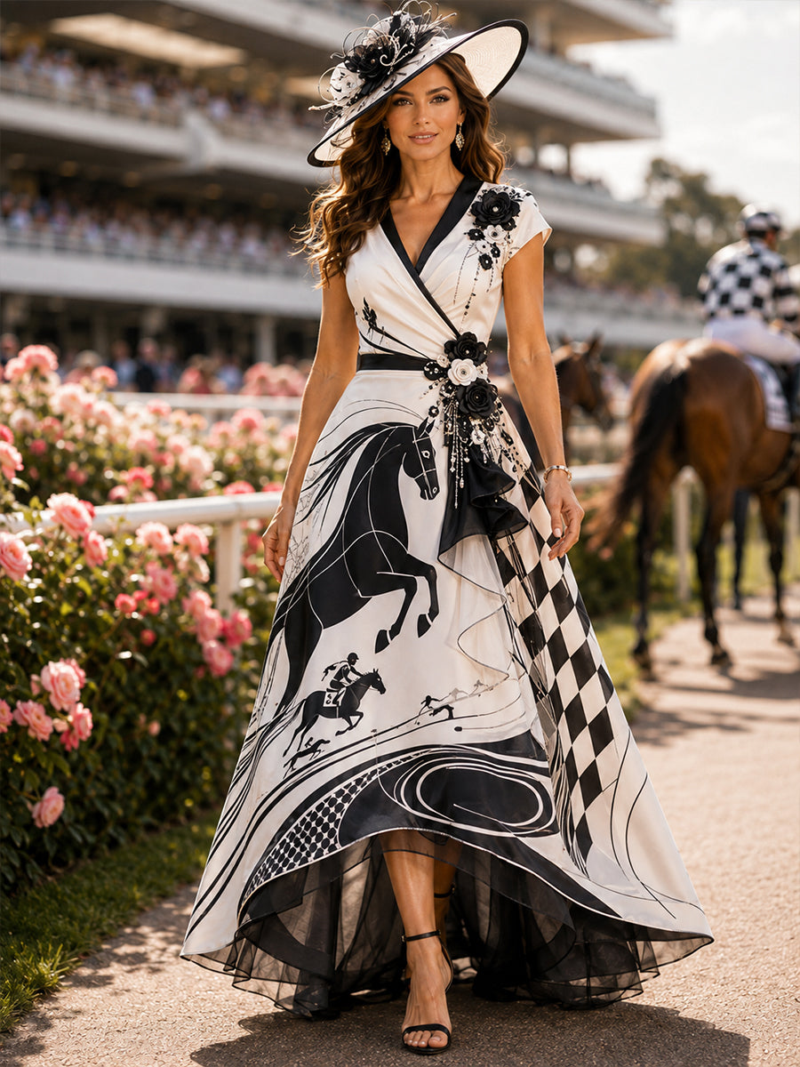 Women's Australian Horse Racing V-Neck Dress