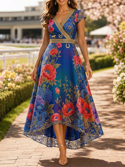 Women's Vintage Melbourne Cup Australian Horse Racing V-Neck Dress
