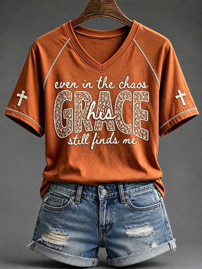 Women's His Grace Still Finds Me Christian Faith Floral Print V-neck Short-sleeved T-shirt