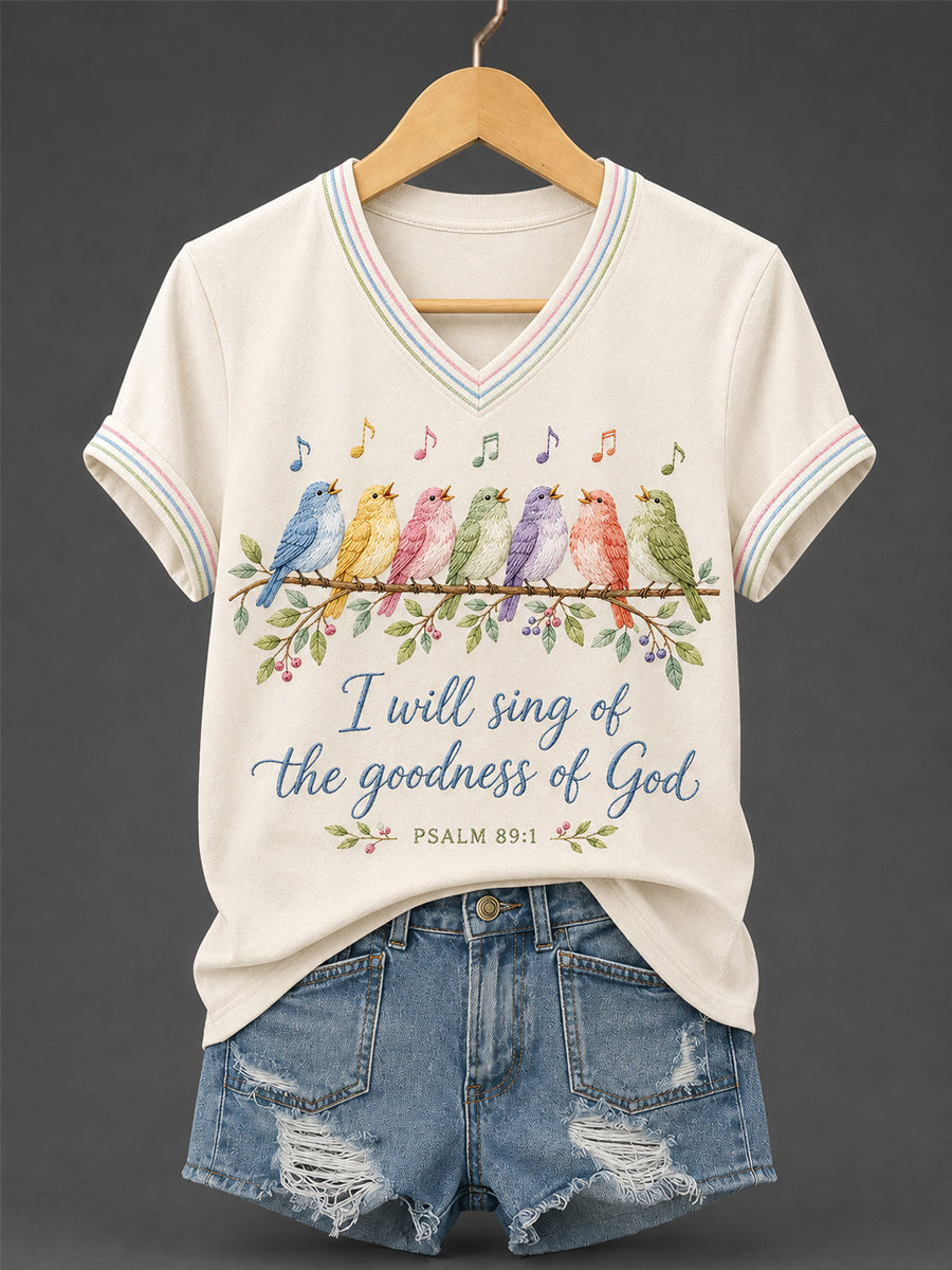 Women's I Will Sing Of The Goodness Of God Psalm 89:1 Christian Bird Print Casual V-Neck Tee