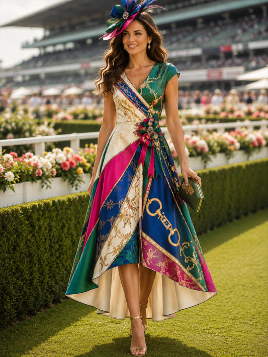 Women's Australian Horse Racing V-Neck Dress