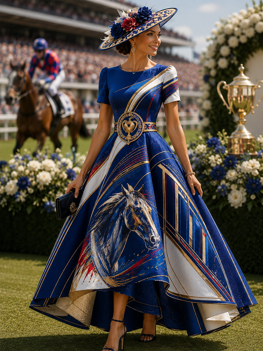 Women's Australian Horse Racing Print V Neck Elegant Midi Dress