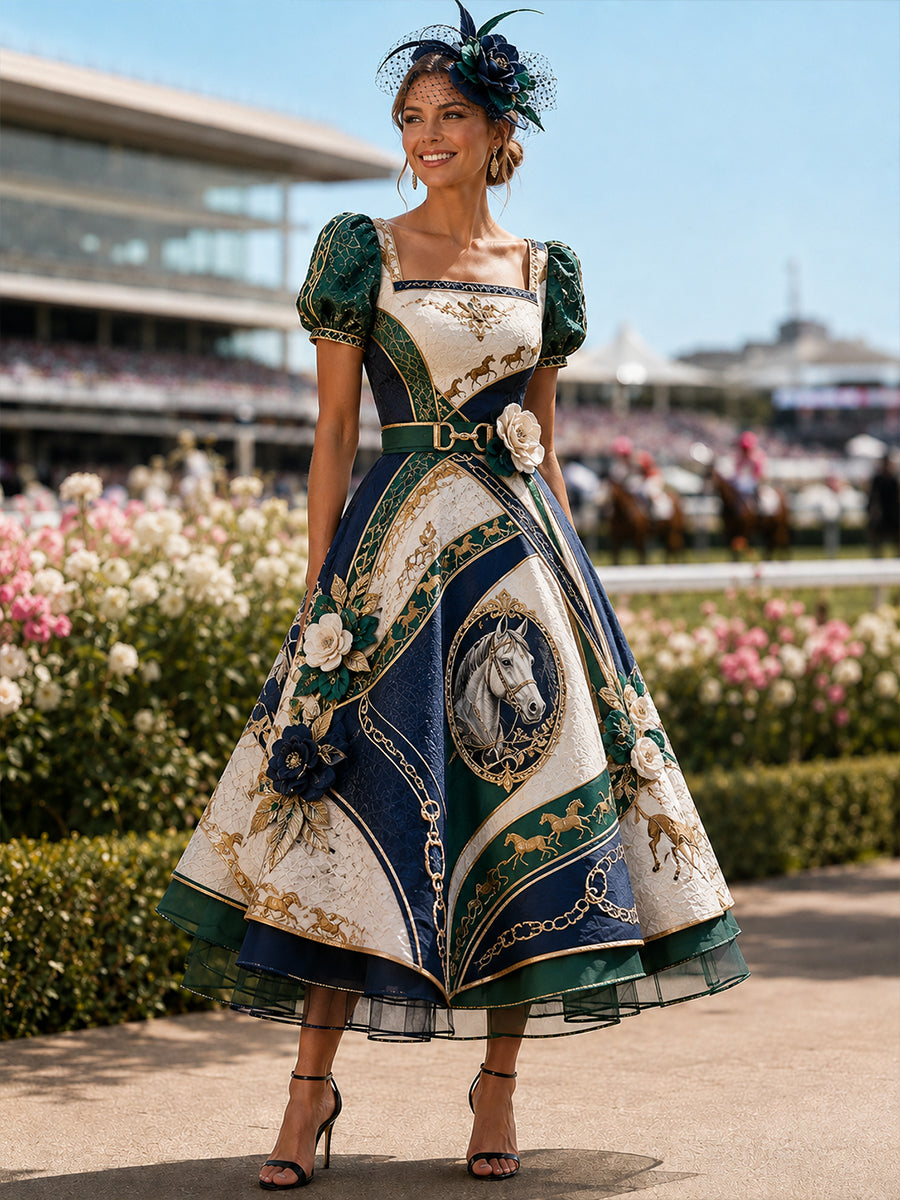 Women's Australian Horse Racing Print V Neck Elegant Midi Dress