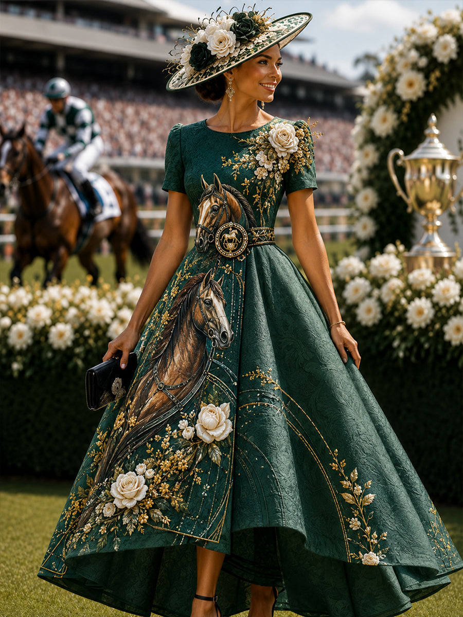 Women's Australian Horse Racing Print V Neck Elegant Midi Dress