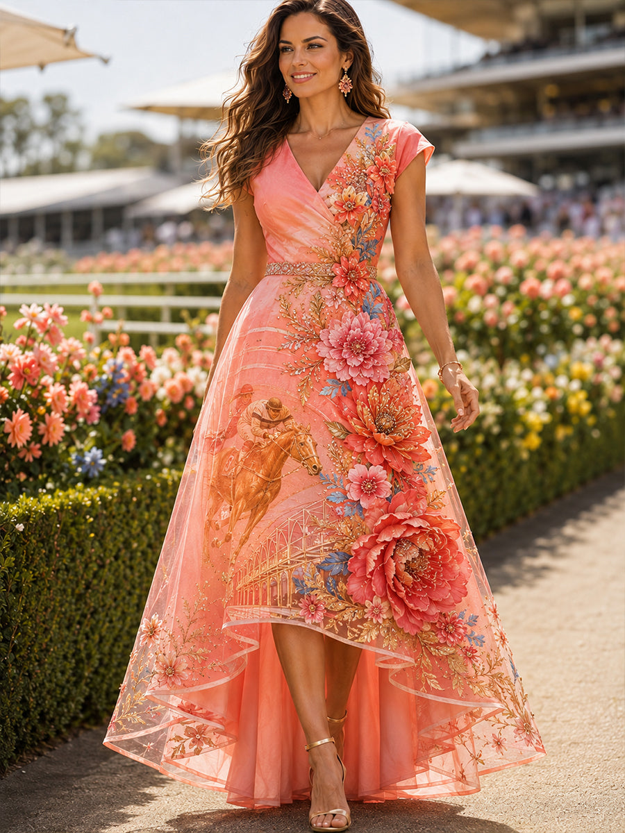 Women's Australian Horse Racing V-Neck Dress