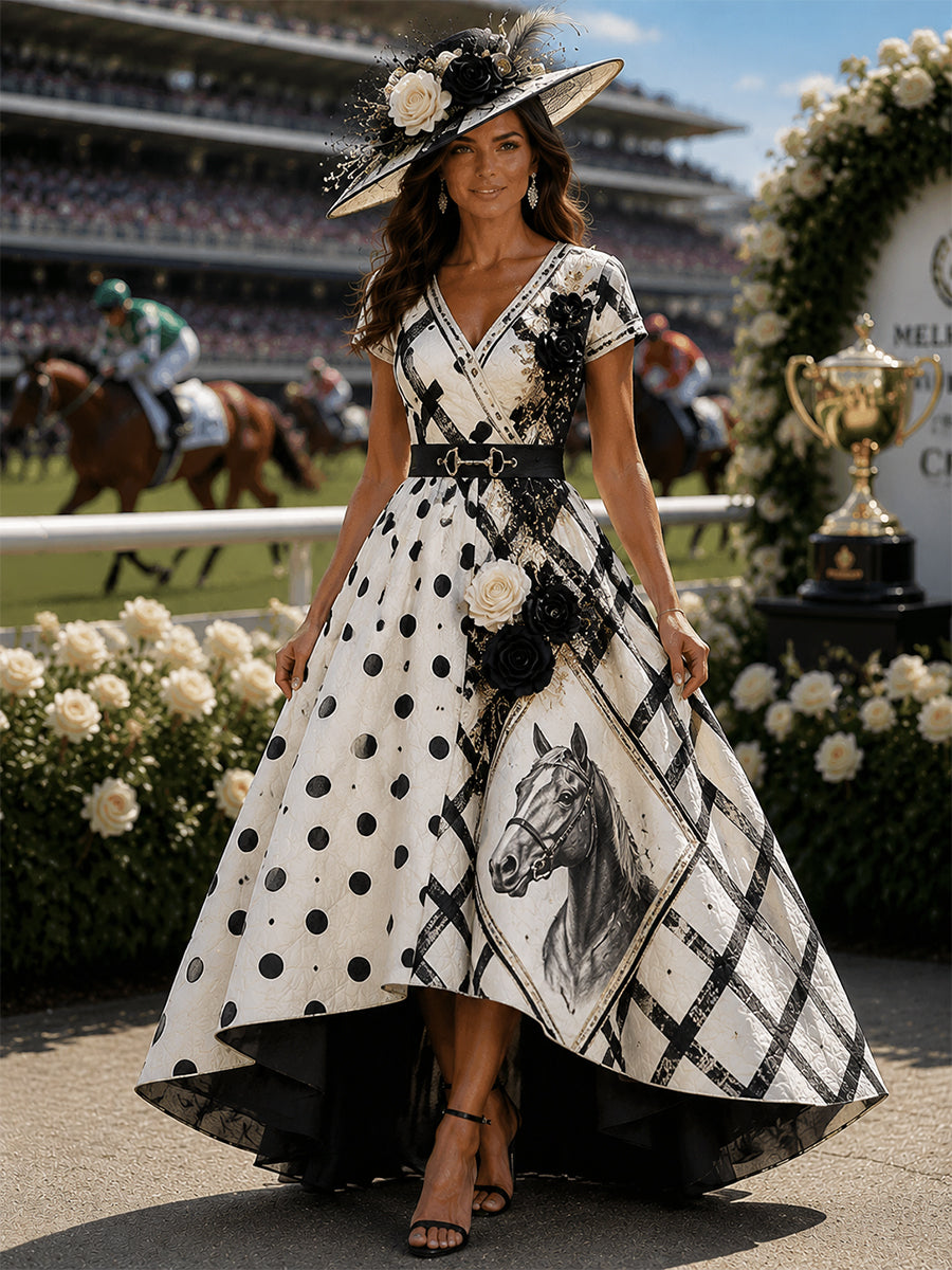 Women's Vintage Melbourne Cup Australian Horse Racing V-Neck Dress