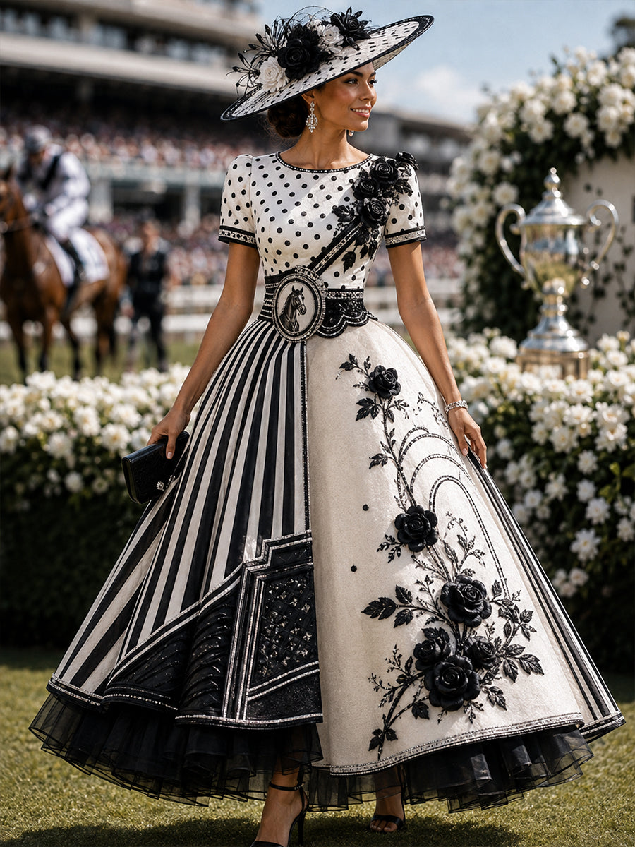 Women's Australian Horse Racing Print V Neck Elegant Midi Dress