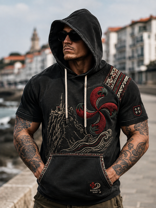 Sudadera casual de manga corta con capucha para hombre, estilo vasco