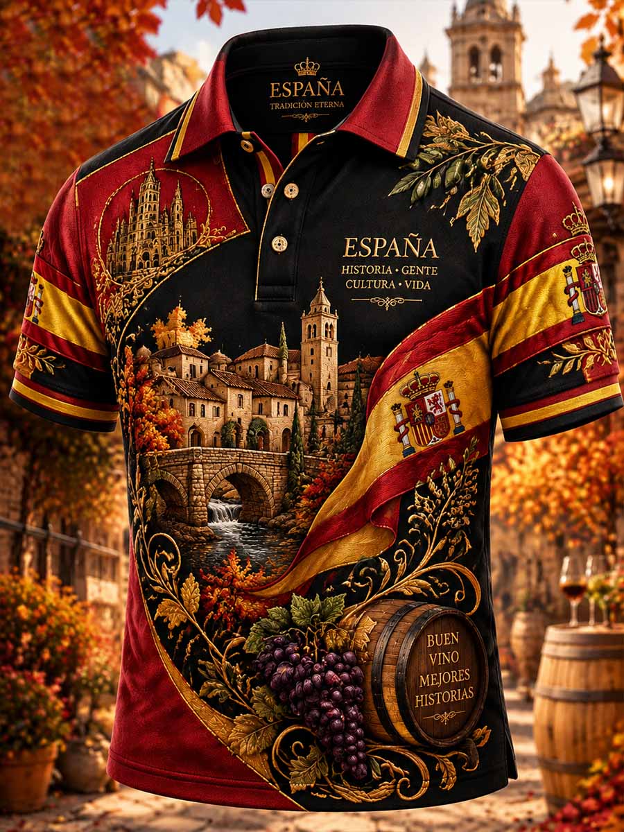 Camisa polo estampada con diseño vintage de la Fiesta Nacional de España para hombre