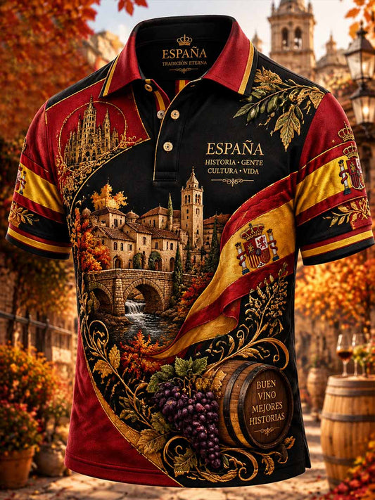 Camisa polo estampada con diseño vintage de la Fiesta Nacional de España para hombre