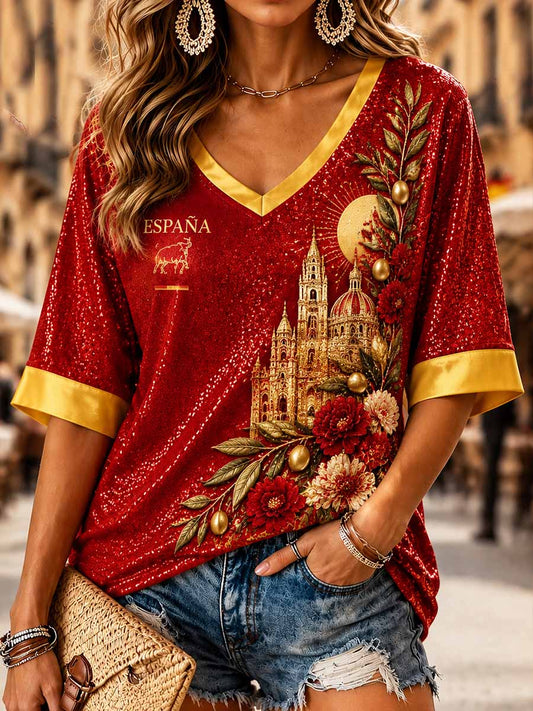 Camiseta con estampado retro de día nacional de España para mujer