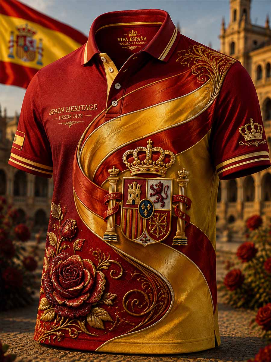 Hombres Vintage España Día Nacional Patrón Impreso Polo