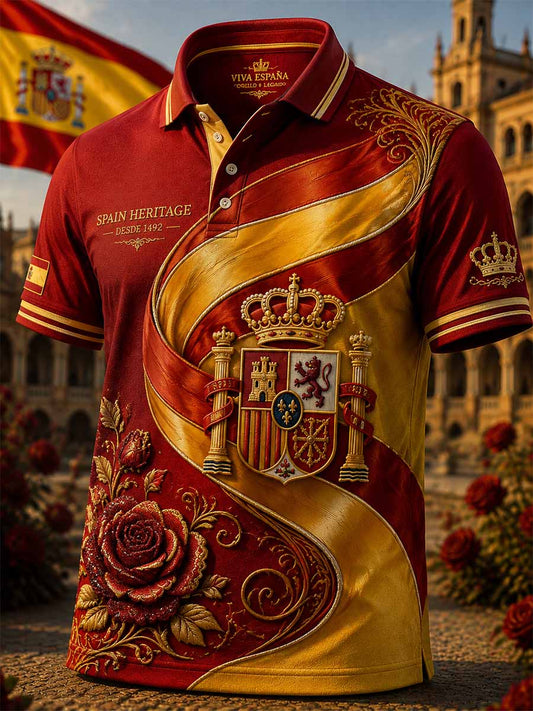 Hombres Vintage España Día Nacional Patrón Impreso Polo