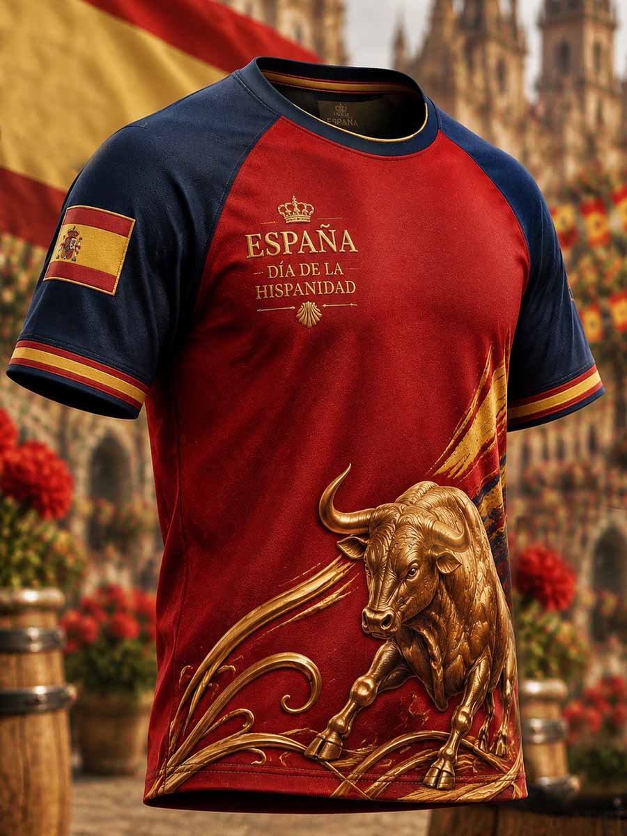 Hombres Vintage España Día Nacional Patrón Impreso Camiseta