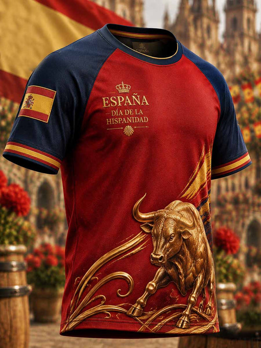 Hombres Vintage España Día Nacional Patrón Impreso Camiseta