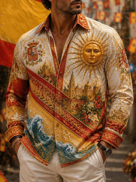 Hombres Vintage España Día Nacional Patrón Impreso Camisa