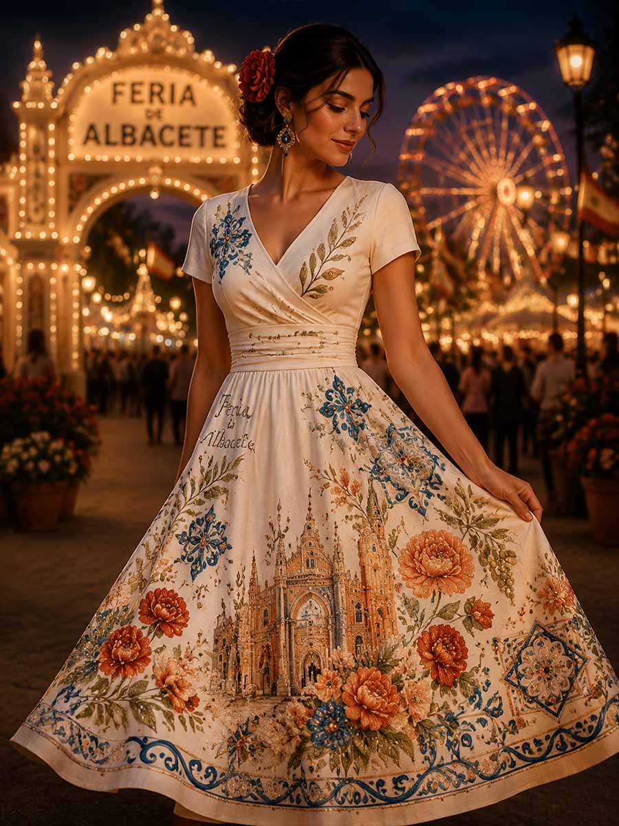 Vestido estampado vintage con diseño de la Feria de Albacete para mujer