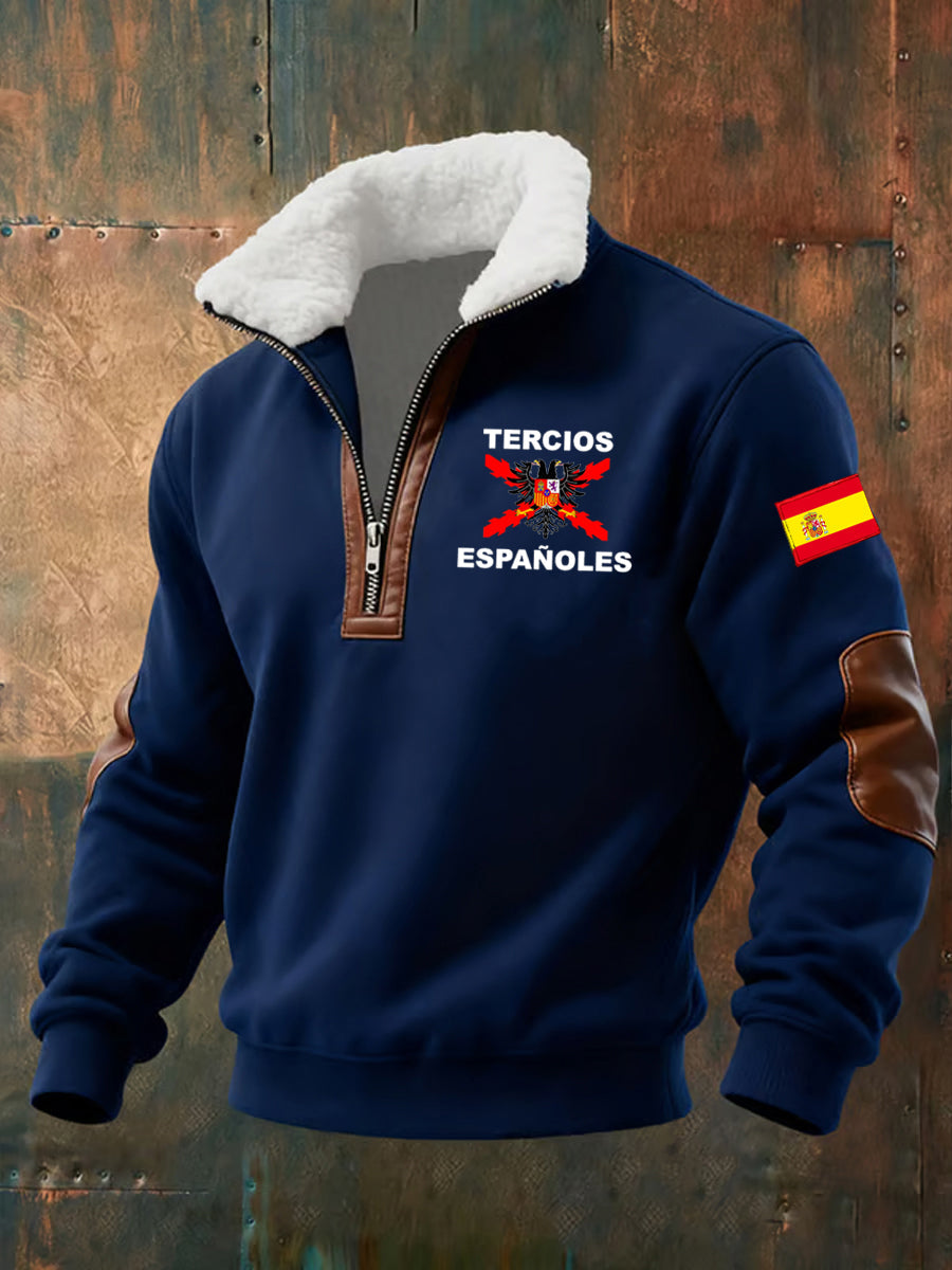 Sudadera con cremallera media casual de moda retro para hombres con cuello de piel