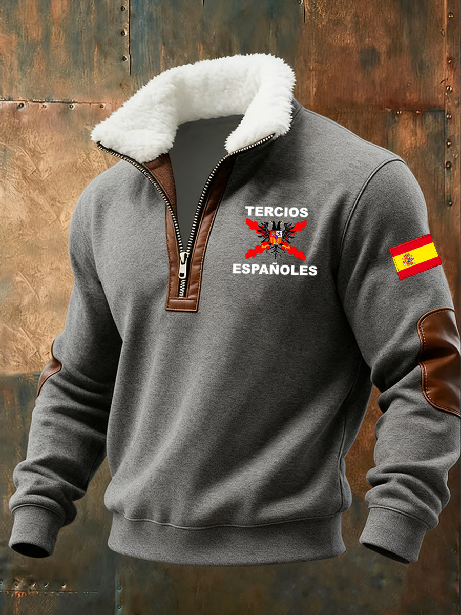 Sudadera con cremallera media casual de moda retro para hombres con cuello de piel