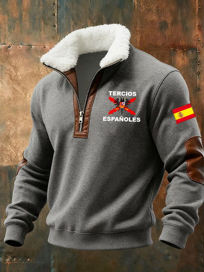 Sudadera con cremallera media casual de moda retro para hombres con cuello de piel