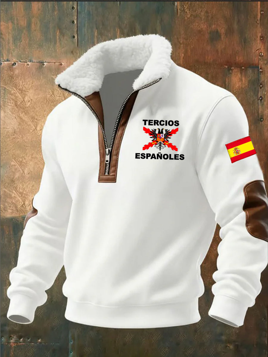 Sudadera con cremallera media casual de moda retro para hombres con cuello de piel