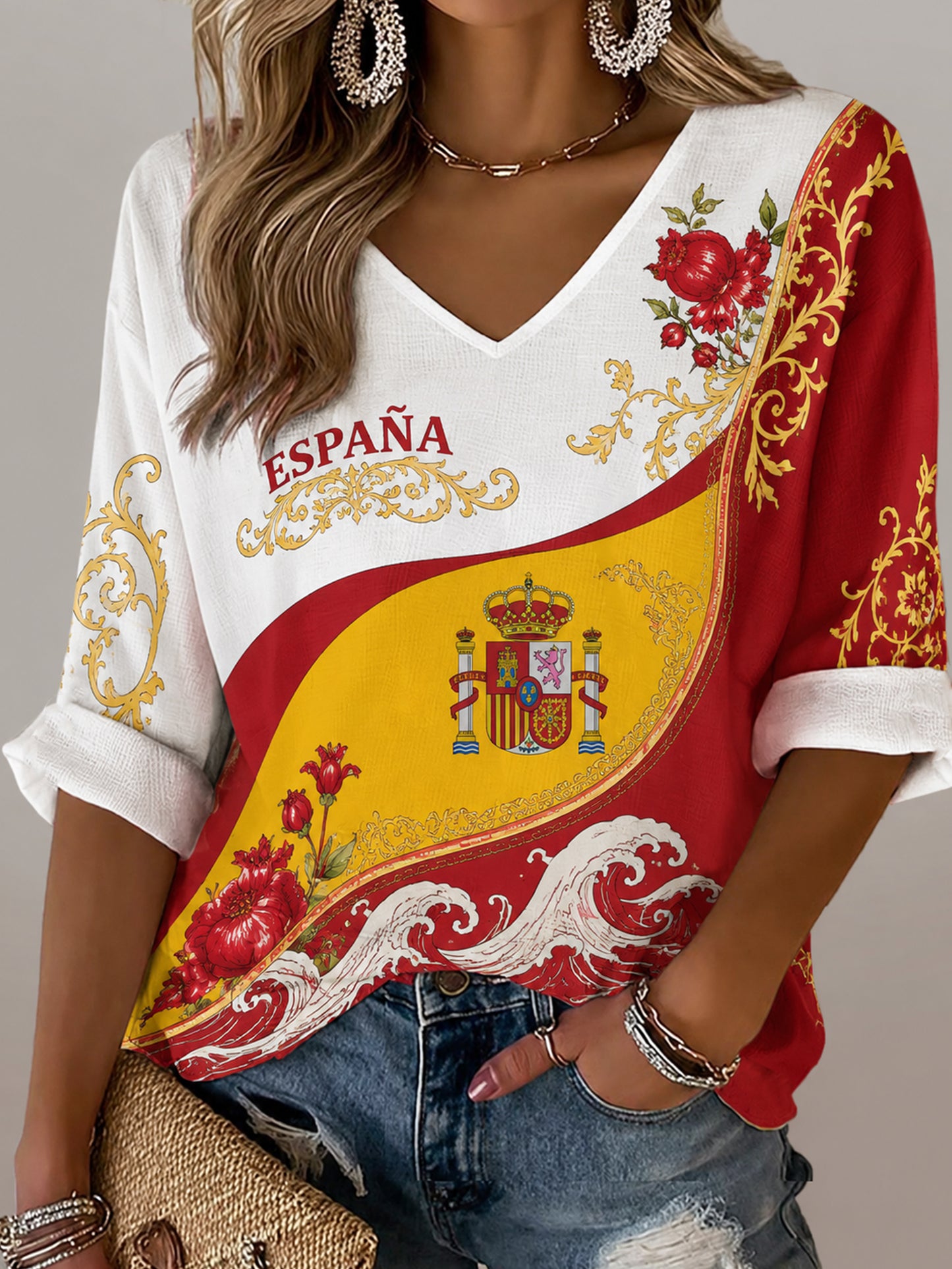 Top con cuello en V para mujer con estampado de arte de fan de fútbol español