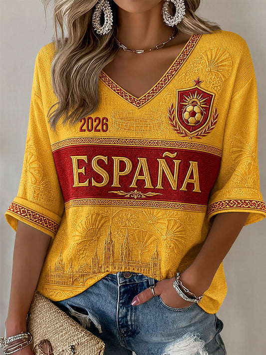 Mujer regalo para los aficionados al fútbol imprimir casual medias mangas con cuello en V camiseta