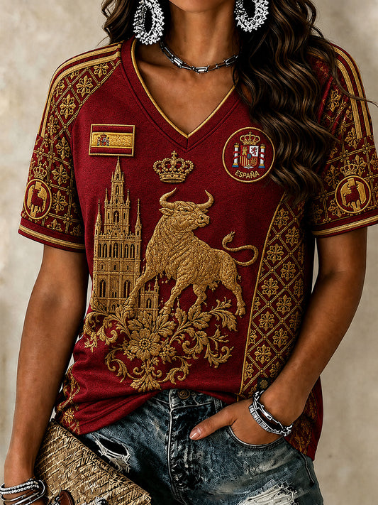 Camiseta de manga corta con cuello en V y hombros descubiertos para amantes del fútbol español, diseño femenino