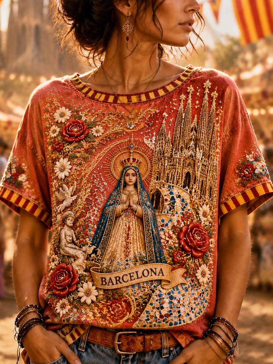 Camiseta estampada con diseño de la Virgen María de Barcelona para mujer