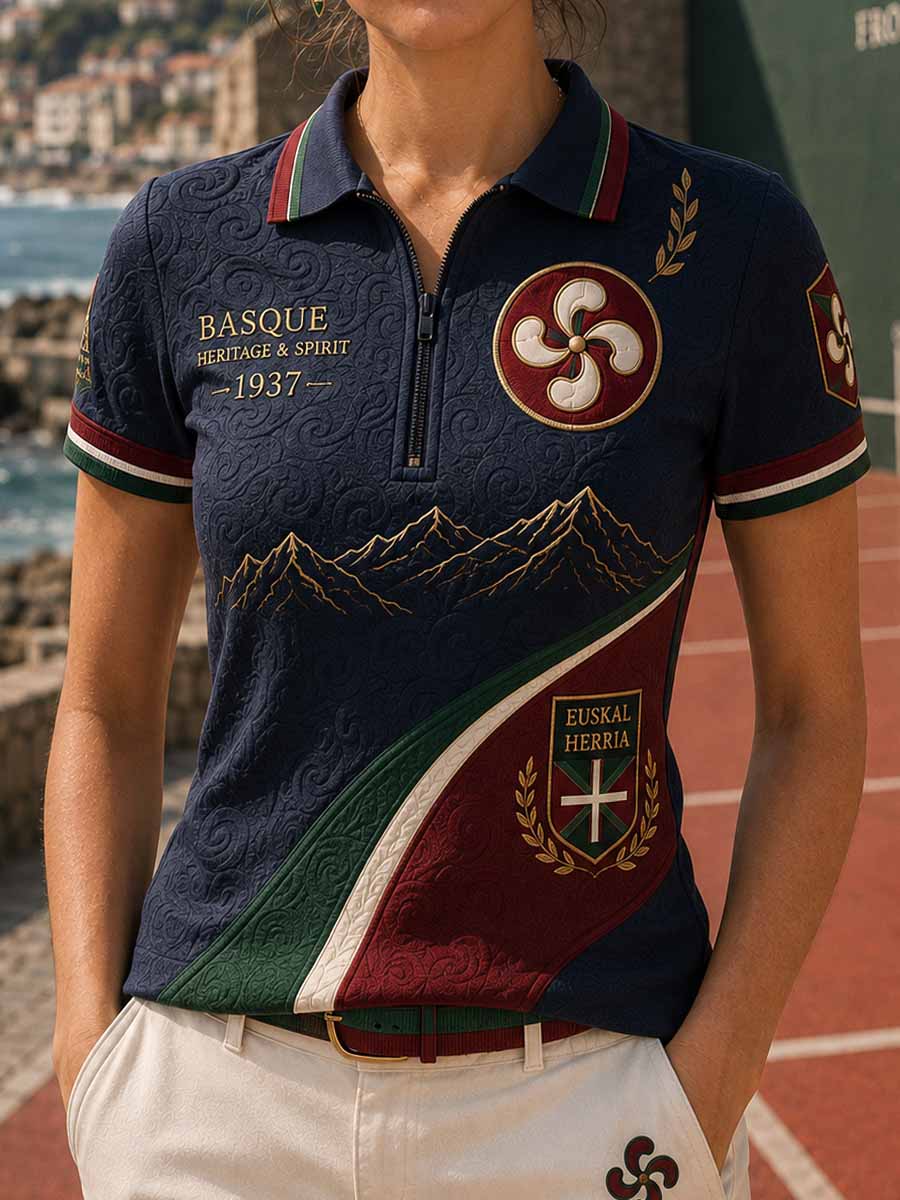 Camisa polo estampada con diseño tradicional vasco retro para mujer
