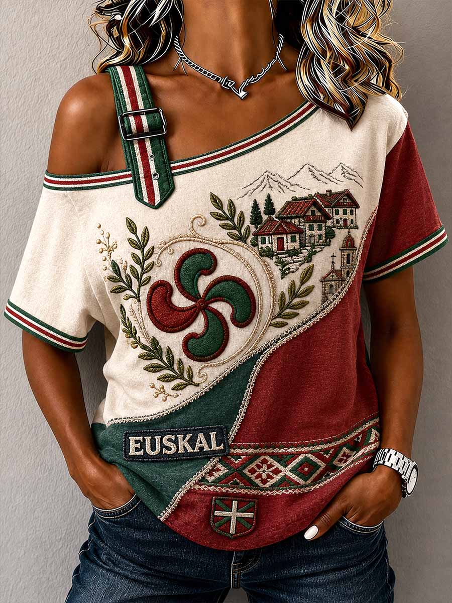Camiseta estampada con diseño tradicional vasco vintage para mujer
