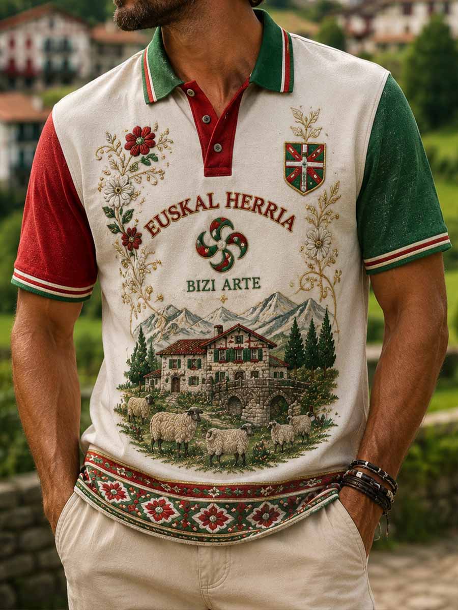 Polo de hombre con estampado tradicional vasco estilo retro
