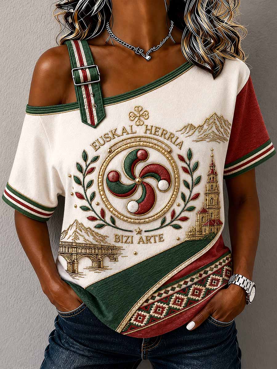 Camiseta estampada con diseño tradicional vasco vintage para mujer
