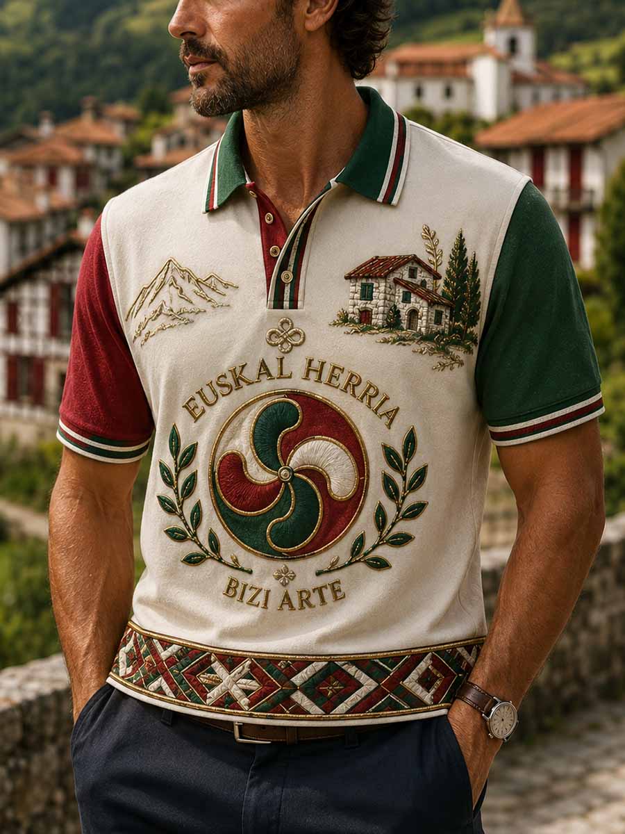 Polo de hombre con estampado tradicional vasco estilo retro