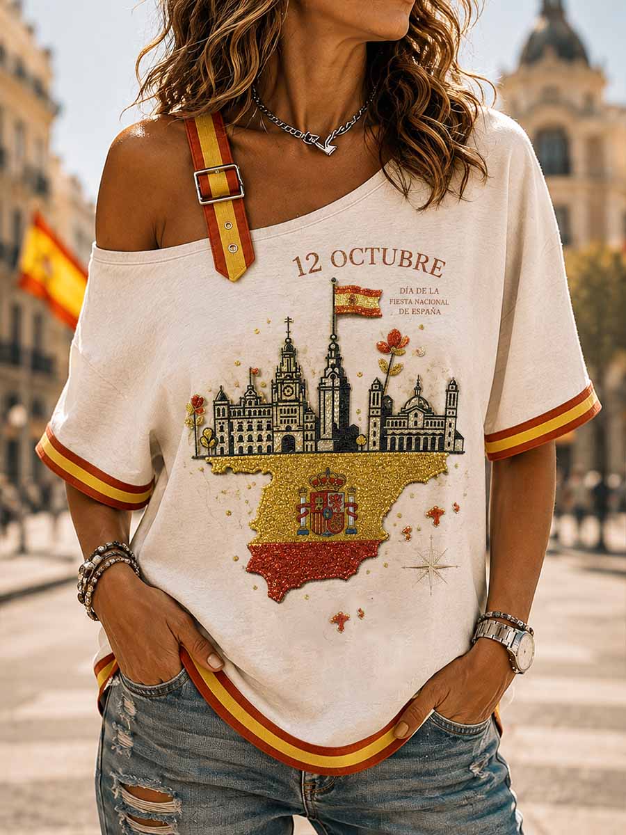 Camiseta estampada conmemorativa patriótica española para mujer