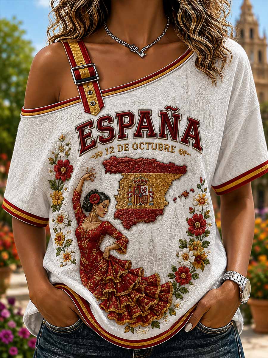 Camiseta estampada conmemorativa patriótica española para mujer