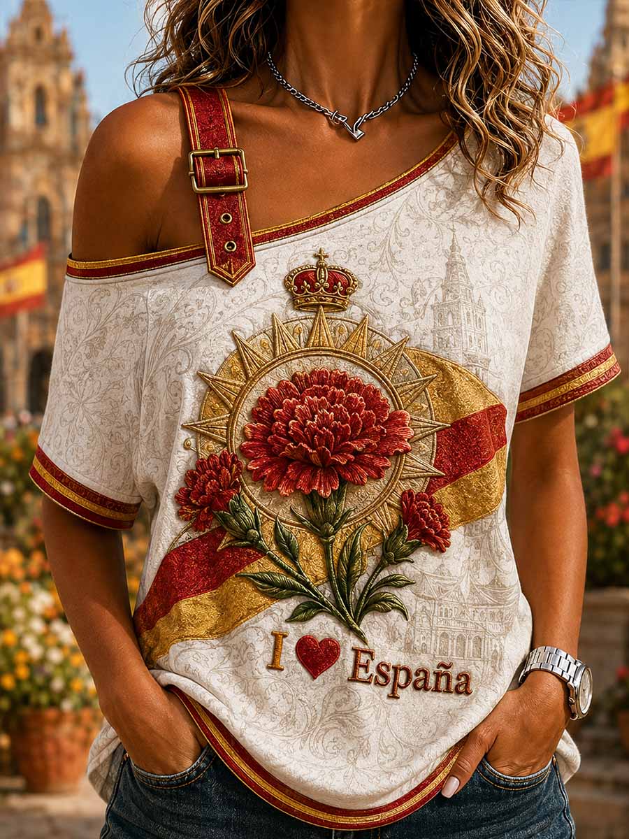 Camiseta estampada conmemorativa patriótica española para mujer
