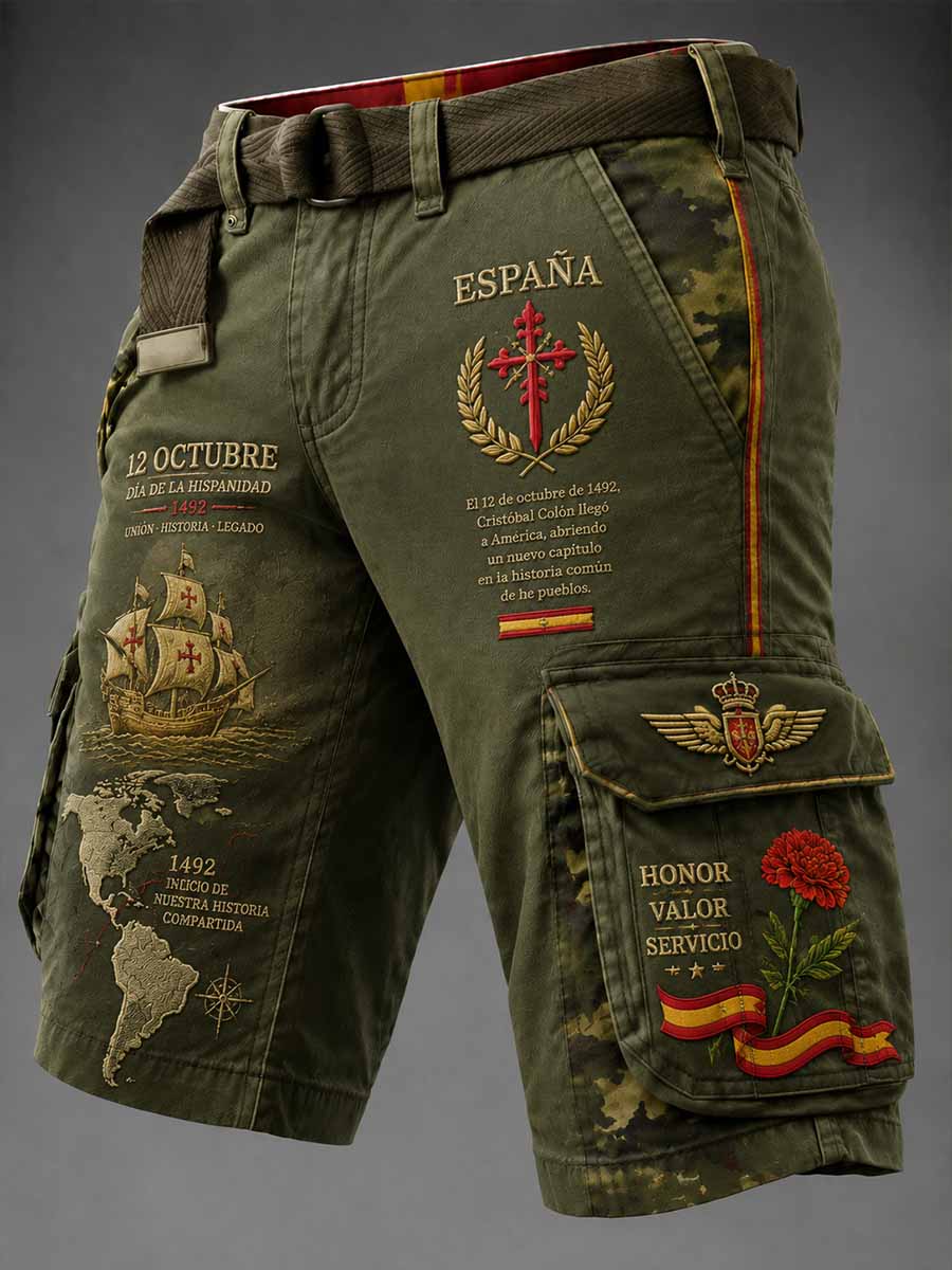 Pantalones cortos de carga con estampado cultural del Día Nacional Español para hombre