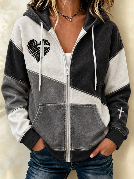 Sudadera casual con cremallera y diseño de color bloqueado con temática de fe para mujer