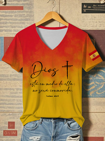 Camiseta de manga corta con versículo bíblico en español para mujer