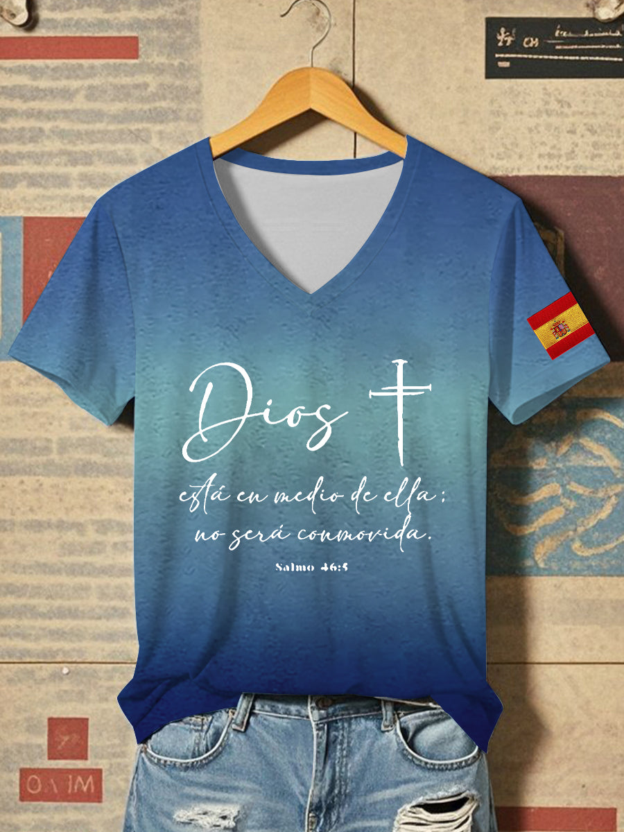 Camiseta de manga corta con versículo bíblico en español para mujer