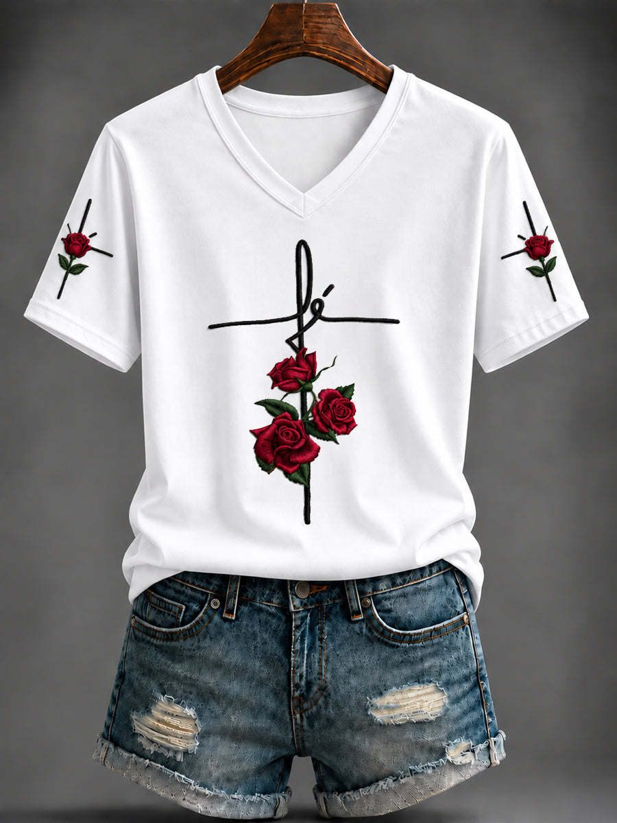Camiseta con cuello en v impresa de la fe de las mujeres