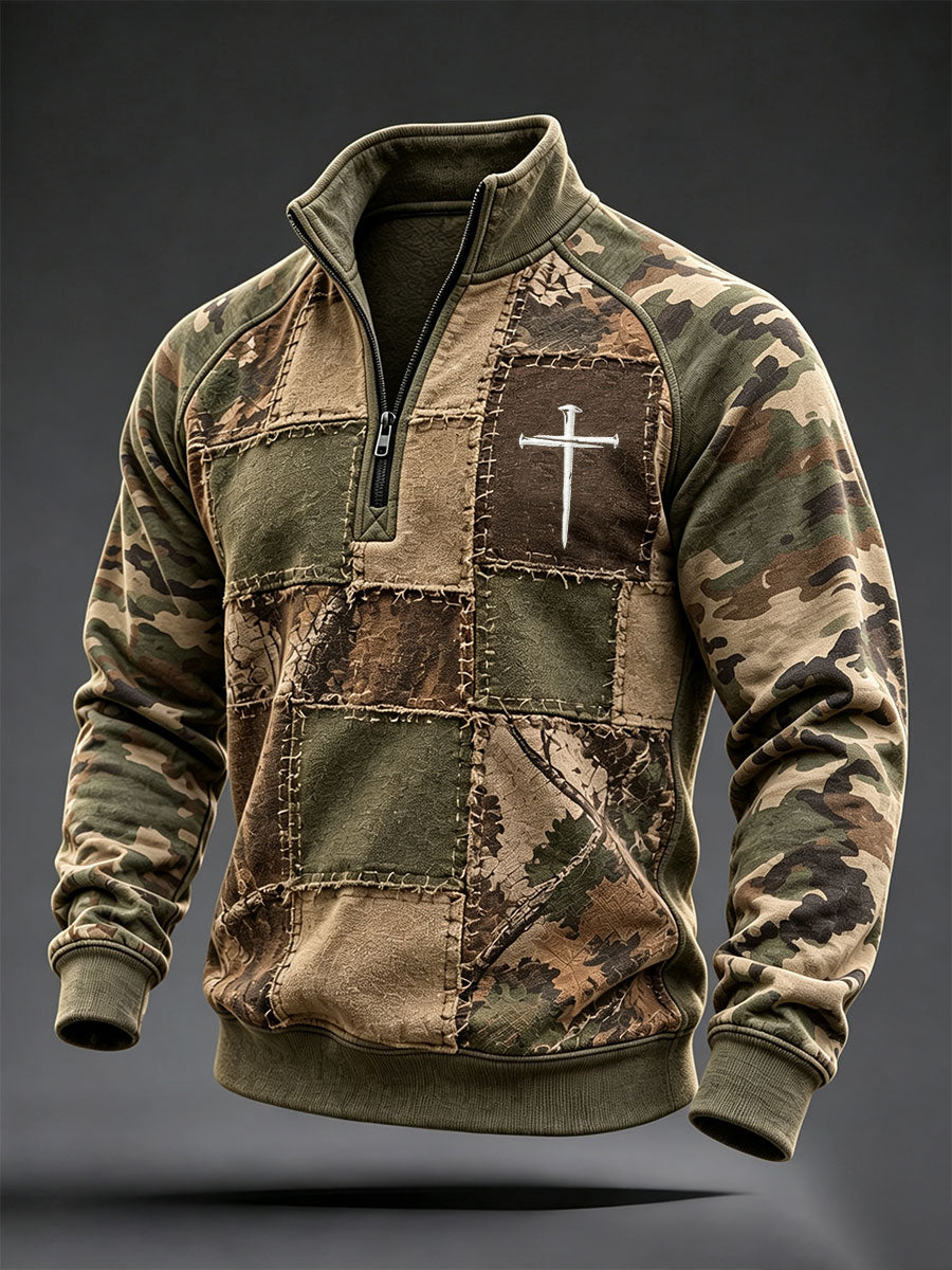 Sudadera artística de retales con diseño de cruz cristiana para hombre
