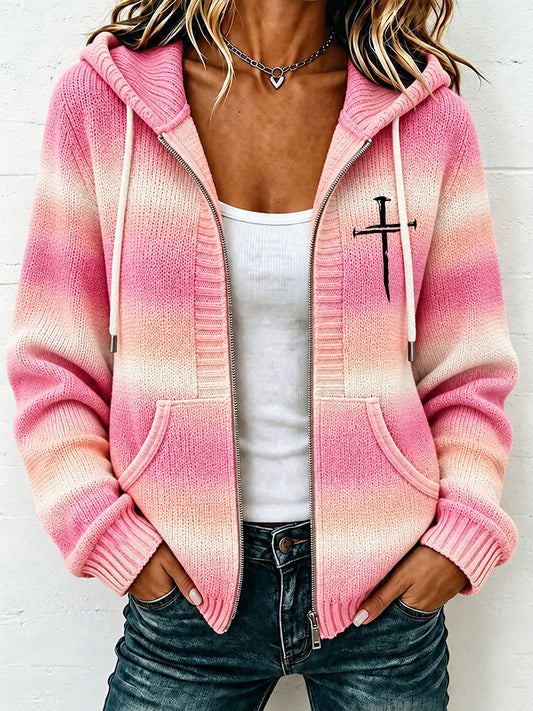 Mujer Christian Art Cross Pattern Cozy Knit Hooded Cardigan
