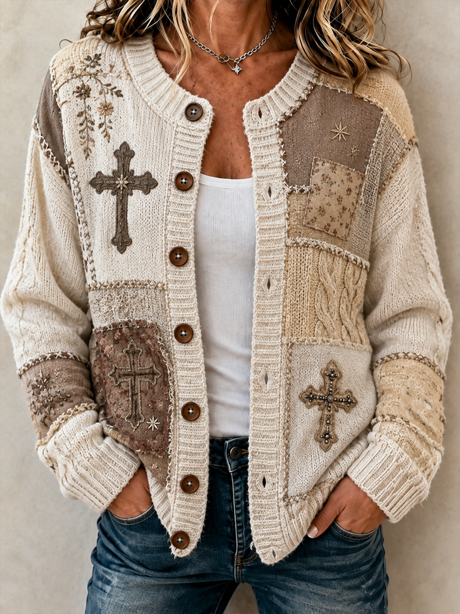 Chaqueta de punto estilo cardigan con estampado de fe estilo patchwork para mujer